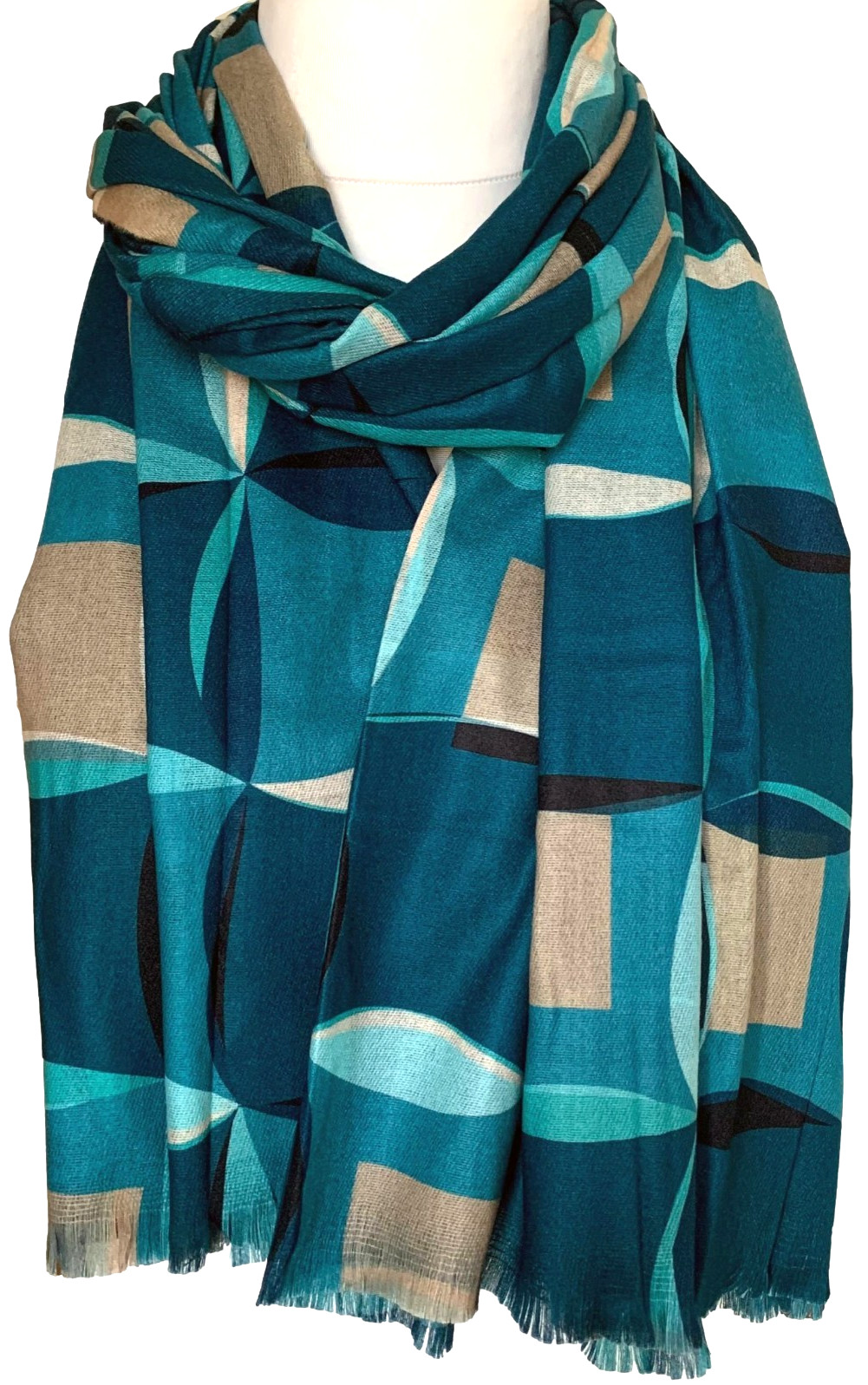 Teal Scarf Teal Green beige Geometric Pattern Wrap Women's Lightweight Shawl New