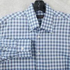 Canali Dress Shirt Men Large Blue Gray Gingham Check Cotton Italy Lightweight