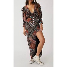 Free People Lennon Maxi Dress Patchwork Print Ruffle V Neck Button Front Sz XS