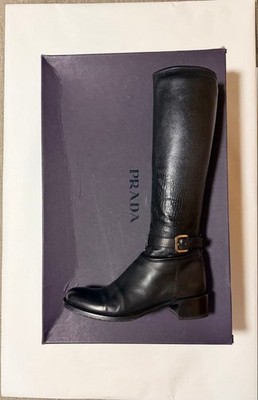 PRADA Long Boots 35 Black Leather Stretch Zip Design Stylish Footwear