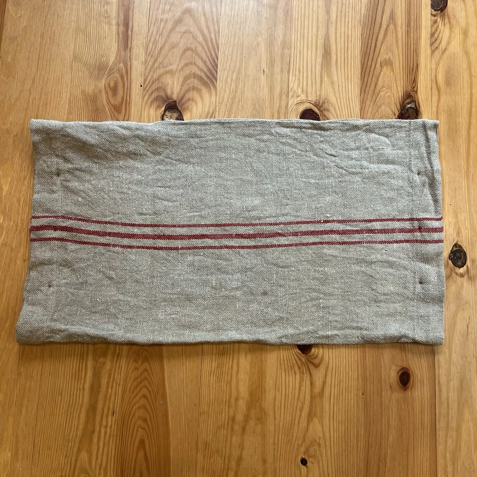 Funda de almohada de granero de cerámica lumbar beige raya roja francés de grano de campo de arpillera Foto 4 de 4