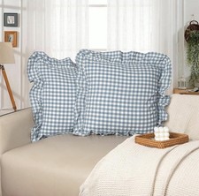 2 JoraLion Smoke Blue Gingham Checked Pillow Covers 18x18 Cotton Ruffle Trim Set