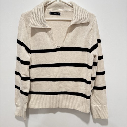 MANGO Women’s Medium Cream Black Striped Polo Collar Knit Sweater Pullover
