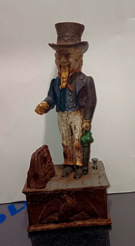 Vintage Cast Iron Uncle Sam Mechanical Coin Bank Works