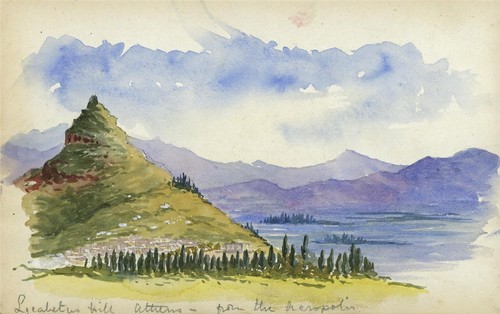 Lycabettus Hill Athens Greece Antique Watercolour Painting 19th Century - Picture 1 of 6