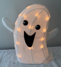 16 inch Halloween White Sparkly Fabric Happy Ghost Lighted w/25 Lights