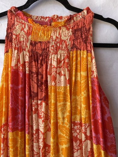 Ann Taylor Maxikleid Patchwork Blumen Tangelo Gelb Größe L Boho - Bild 2 von 10