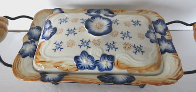 Temptations Ovenware Dish Lid Trivet Wire Basket Provence Blue Brown Meatloaf