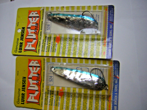 Vintage TWO (2) Luhr Jensen Flutter "44" Neon Blue Spoons-in ORIGINAL Packages