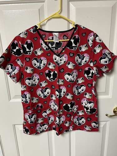 Disney Mickey & Minnie Red Valentine Heart Print Scrub Top Women’s L 12/14 - Picture 1 of 7