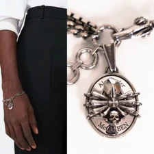 NEW $520 ALEXANDER MCQUEEN Silver Tone Brass SPIDER SKULL Double Chain BRACELET