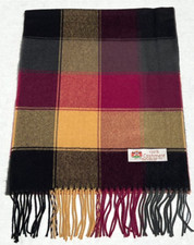 100 Cashmere Scarf Made in England Check Plaid Black/Gray/Plum/Yellow Soft K06
