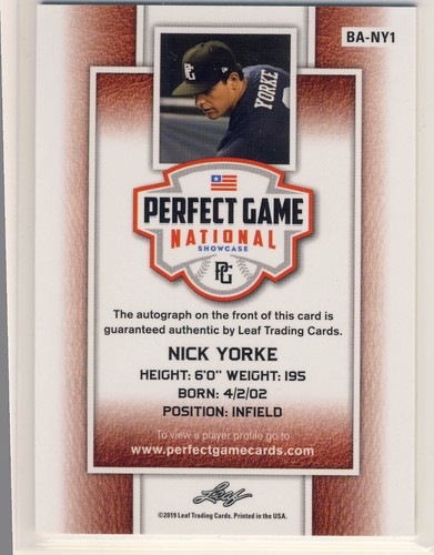 NICK YORKE 2019 Leaf Perfect Game PG Green SHIMMER AUTO /1 PIRATES 1/1 - Afbeelding 2 van 2
