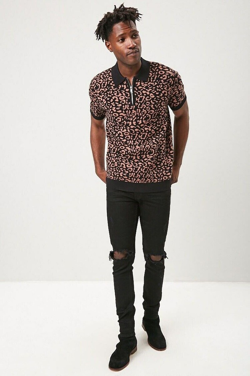 Forever 21 Men's Leopard Print 1/4 Zip Polo - Brown / Black