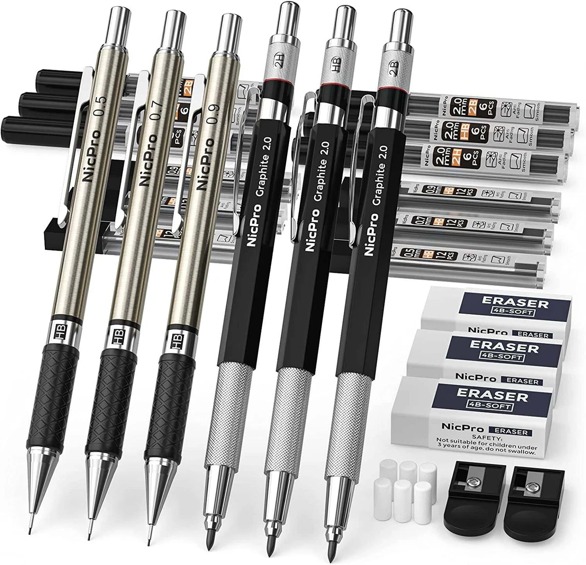 Nicpro 6 PCS Art Mechanical Pencils Set, Black Metal Drafting Pencil 0