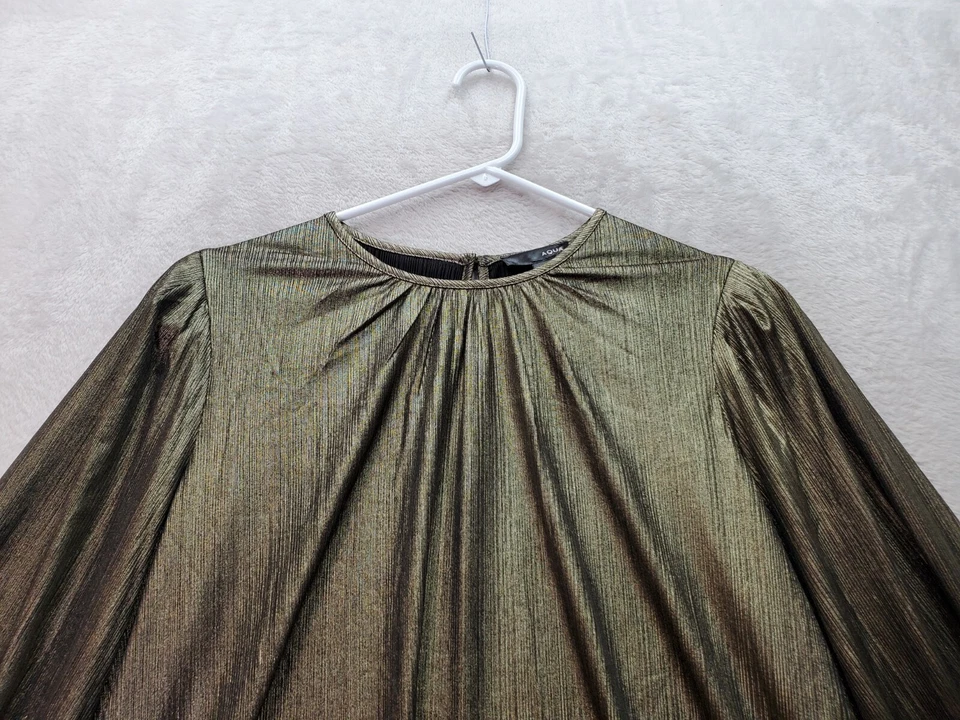 Blusa Top Aqua Mujer Talla Grande Dorado Metálico Poliéster Manga Larga Cuello Redondo Foto 4 de 4