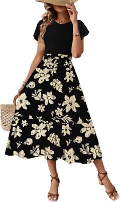 Women's Floral Maxi Dress Summer Casual Ruffle Short Sleeve Lightweight Flowy