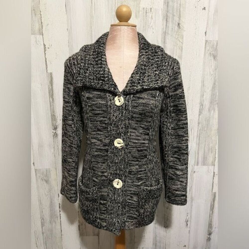 Marled cream and gray wool button-front cardigan sweater.