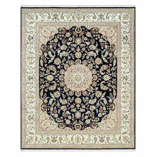 7'9"x9'9" Dark Night Blue Nain Floral Design 250 KPSI Hand Knotted Rug G90490