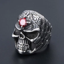 Angel Wings Red CZ Skull Ring Stainless Steel Gothic Skull Men's Biker Punk Ring