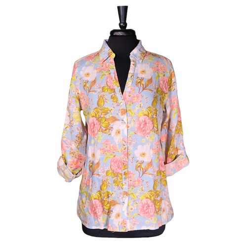 Joie Damen Bluse Blumen Leinen Rollriegel Langarm Button Down Shirt Tunika M