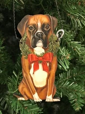 Boxer Dog Christmas Ornament Wreath Red Bow Wood Metal Hanger New