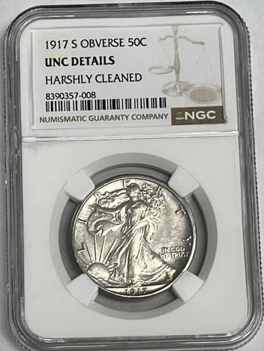 1917 S Walking Liberty Half Dollar NGC UNC Details Harshly Cleaned, Obverse MM