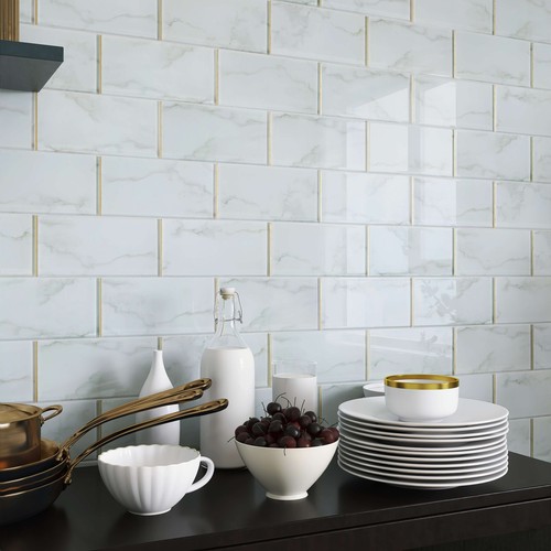 4"" x 8"" superweiß Calacatta-Stil Glas U-Bahn Fliese Gold Zierleiste Backsplash Wand - Bild 5 von 7