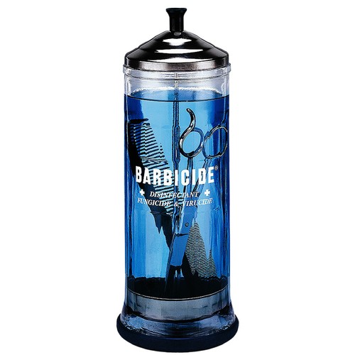BARBER BEAUTY SALON BARBICIDE DISINFECTING SANITIZING TOOL GLASS JAR 37 OZ