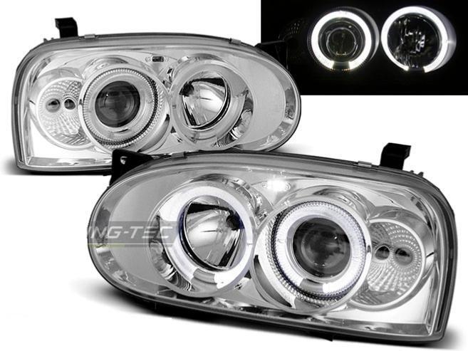 Feux phares VW Golf 3 Angel Eyes chrome - Optiques de tuning avant pour modèles 1991 à 1997