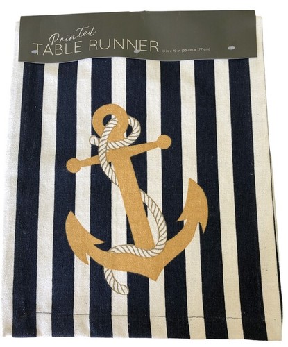 Nautical Anchor Table Runner 13X70" Navy Blue White Stripe Beach Summer House - Picture 10 of 12