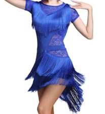 Latin Dance Dresses Women's Performance Lace /Tassel Short Sleeve sz L