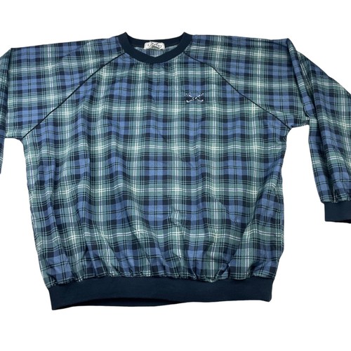 VTG Izod Men’s Nylon V-Neck Pullover Golf Rain/Windbreaker Blue/Green Plaid • XL - Picture 2 of 6