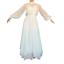 Vintage 1970s ILGWU High Neck Victorian Edwardian Prairie Wedding Dress Prom XS