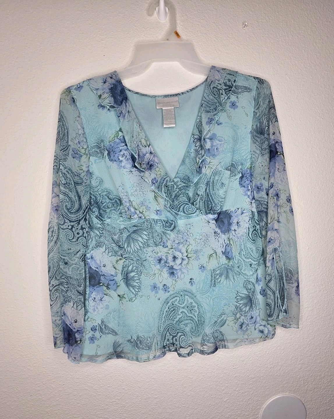 Worthington Vintage 100% Silk Blouse Floral Paisley Blue Size XL