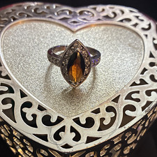 Elegant 9K White Gold Marquise Cut Smokey Quartz / Garnet Ring with Diamond Halo