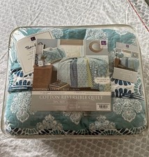 LUSH DECOR BOHEMIAN STRIPE BLUE/GREEN REVERSIBLE QUEEN QUILT SET