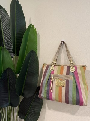 Coach Poppy Striped Multicolor Tote Zip Top Gold Hardware Bag Charm Medium