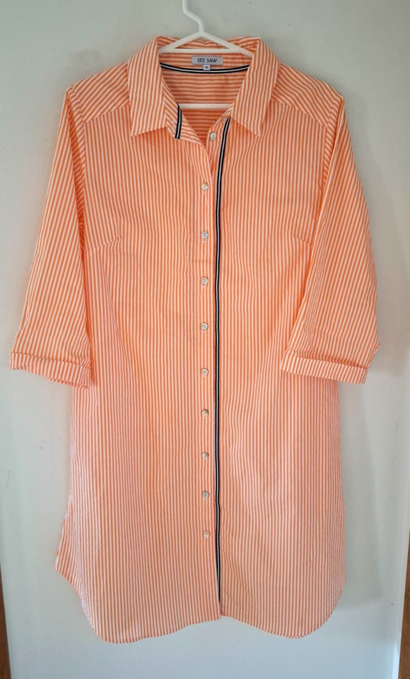 SEE SAW ORANGE STRIPE COTTON SHIRT DRESS. NAVY STRIPE TO PLACKET.  SIZE 12