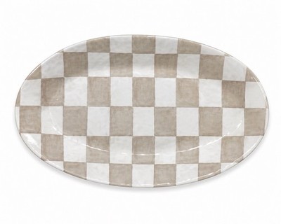 Brown Tan CHECKERED Shiny 18x13  Melamine Oval Serving Platter Serve Tray Party