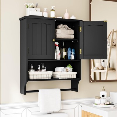 Black Bathroom Cabinet Towel Rack Wall Mount 2 Doors Shelf