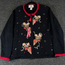 Vintage 90s Tiara International Reindeer Christmas Cardigan Black Zip Womens M