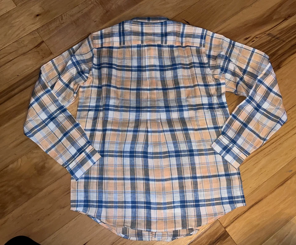 NUEVO CON ETIQUETAS BROOKS BROTHERS NIÑOS AZUL Y NARANJA A CUADROS LINO ABOTONADO TALLA L LD6 Foto 3 de 4