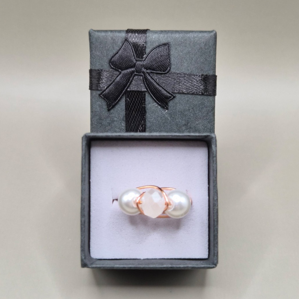 White Pearl Band Ring, 3 Gemstones, Round Shape, Size 8, Gift Box