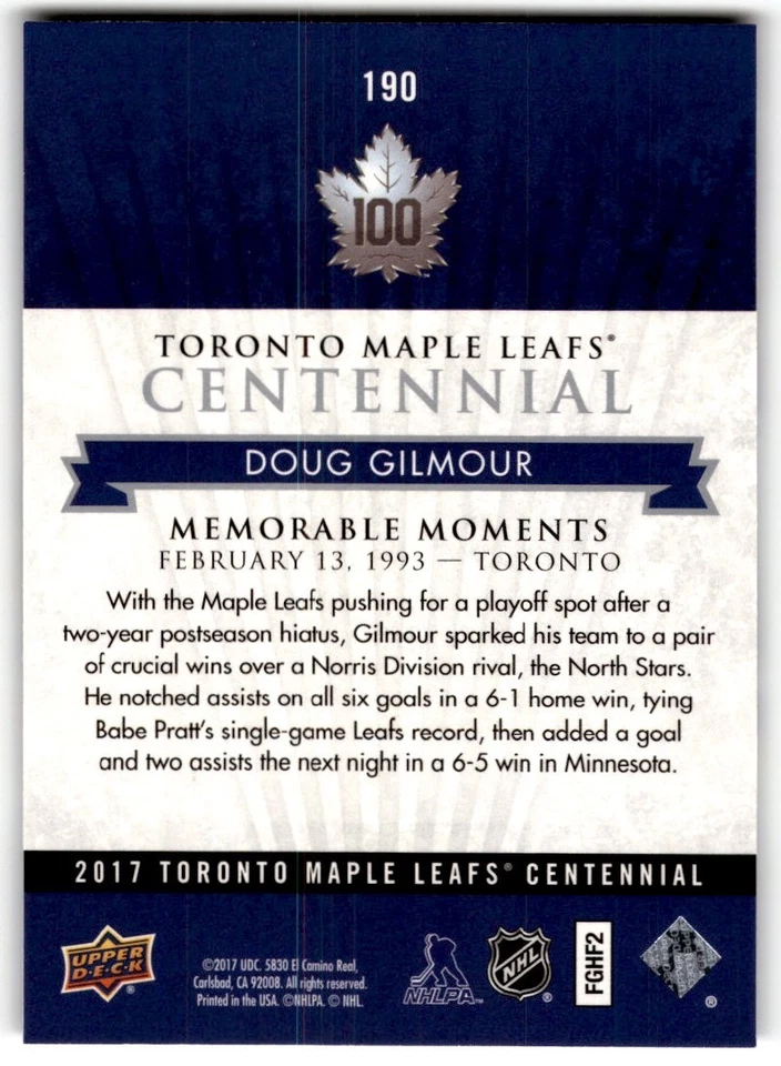 Doug Gilmour 2017-18 Upper Deck Toronto Maple Leafs Centennial SP #190 - Image 2 of 2
