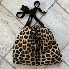 Vintage 1940s Leopard Spot Fur Muff Hand Warmer Winter Purse Black Corde