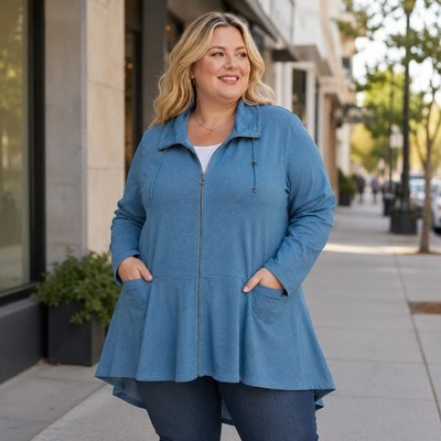 Ulla Popken Blue Long Sleeve Full Zip Hi Lo Peplum Tunic Sweatshirt Jacket 20/22