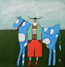 Painting Original Cowboy Cow Portrait Canvas Outsider Whimsical 10x10 Art 