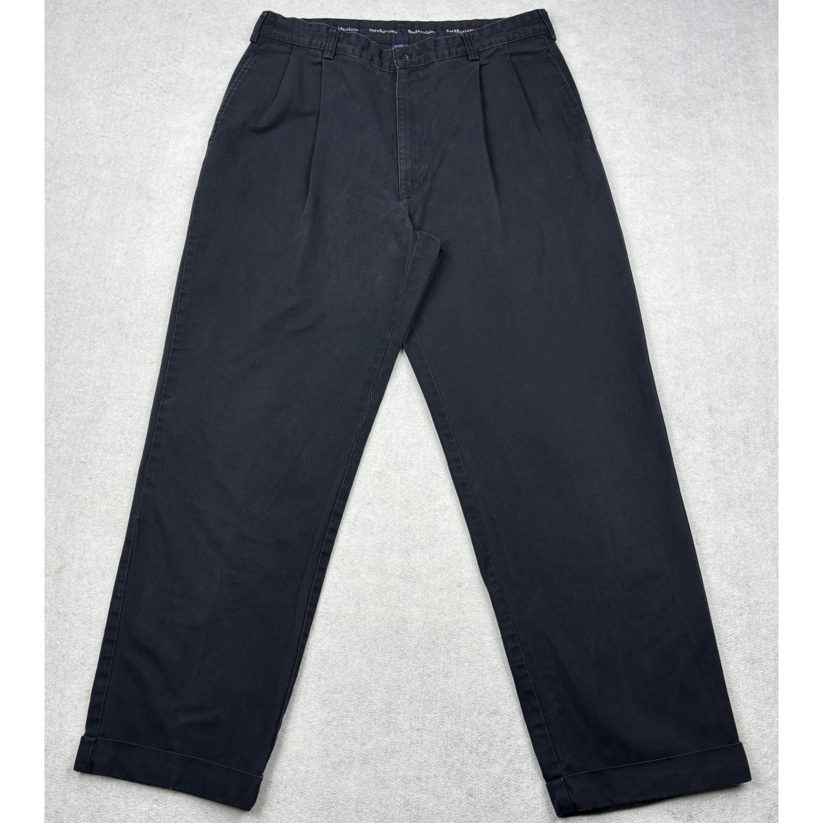 Vintage Polo Ralph Lauren Andrew Pant Mens 35x32 Black Pleated Cuffed Chinos