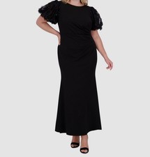 Eliza J Women's Black Floral-Short-Sleeve Boat-Neck Pleated Dress Plus Size 20W